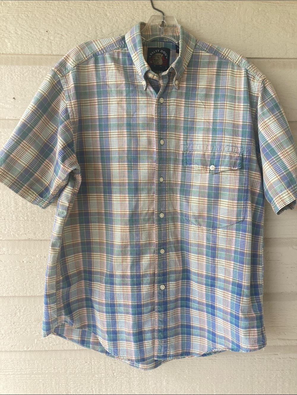 Salty Dog Men’s Plaid Button Short Sleeve Collared Shirt Medium Cotton